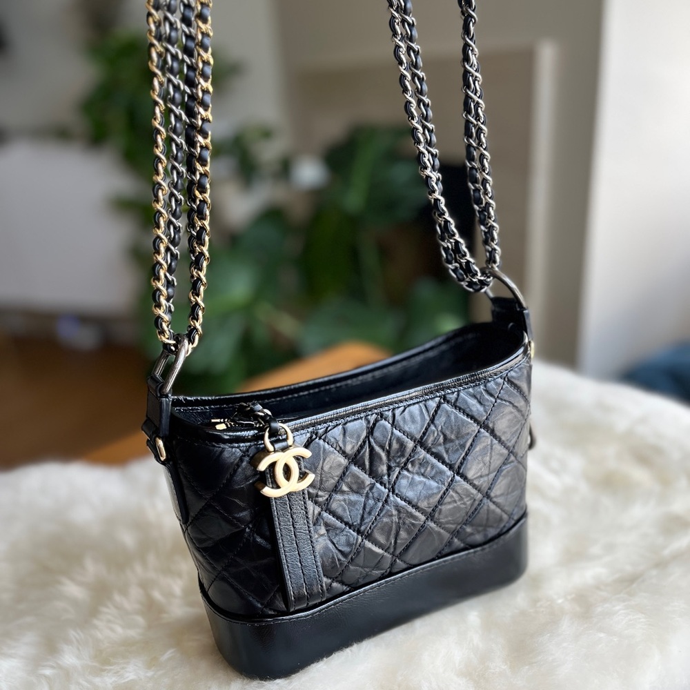 Chanel Aged Calfskin Quilted Small Gabrielle Hobo Black